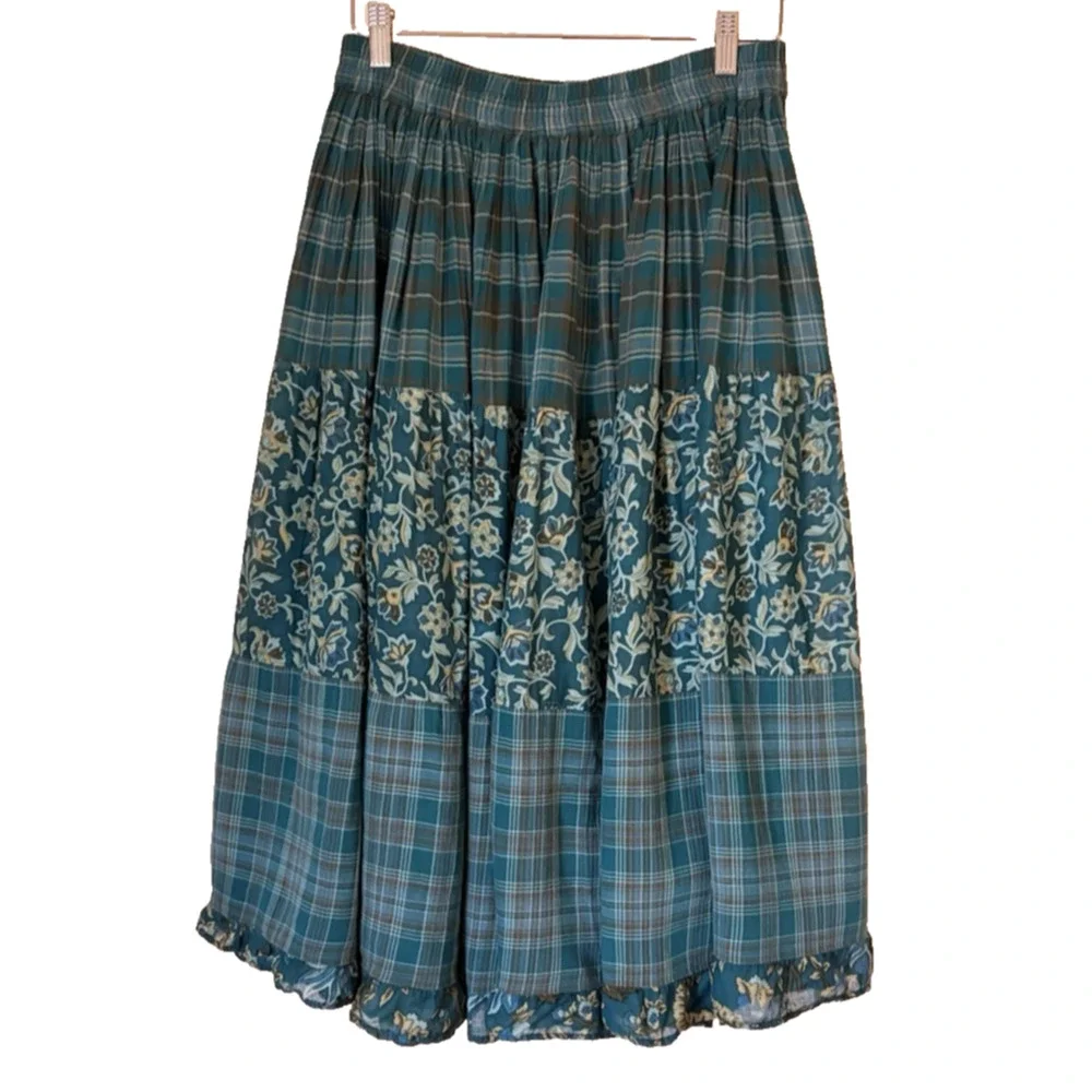 Cottagecore Teal Patchwork Midi Skirt S/M Plaid Floral Ruffle Prairie Boho